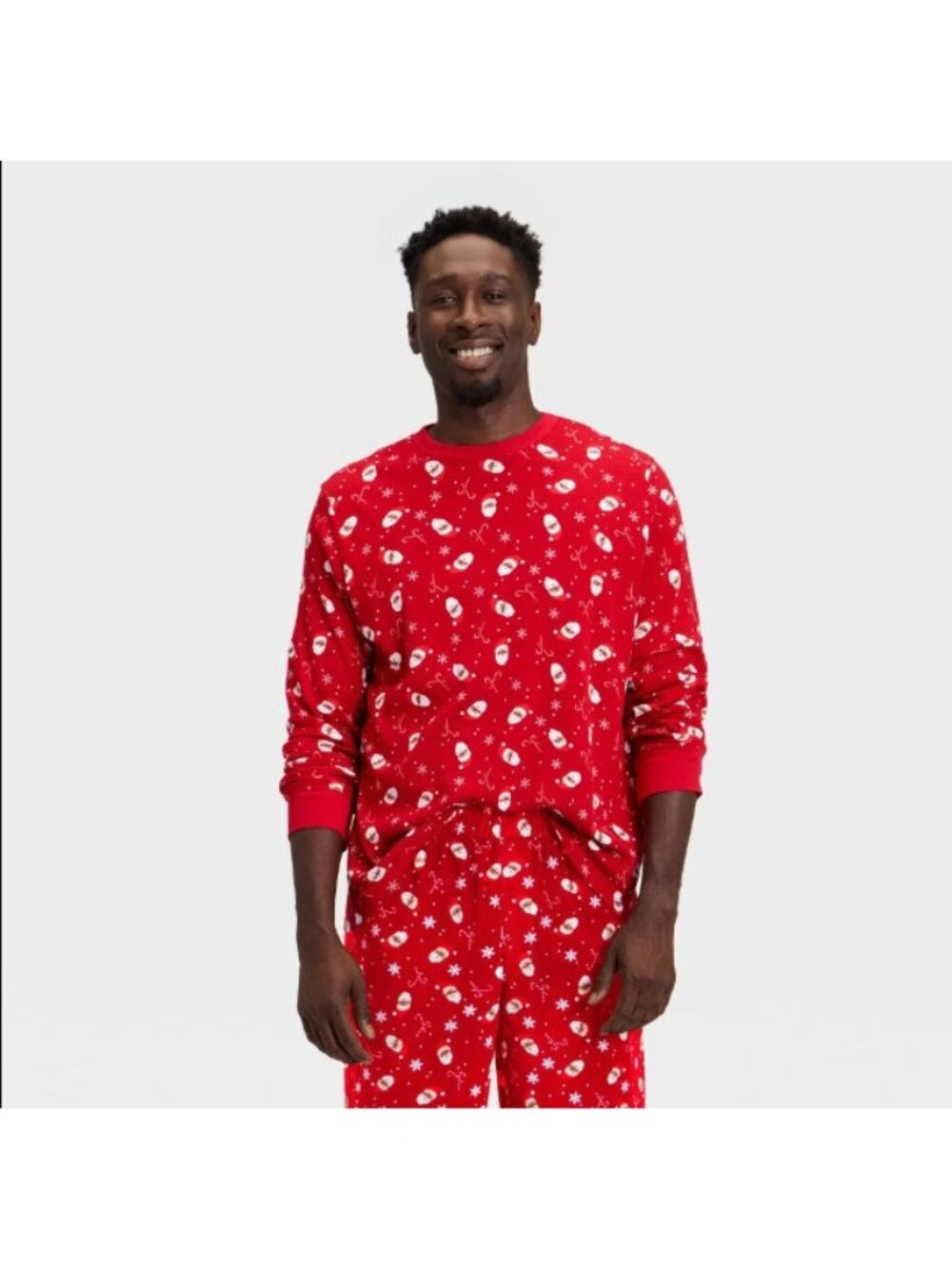 WonderShop Pajama Shirt Mens Small Red Santa Print Ribbed long Sleeve Holiday